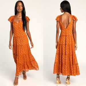 Lulus Drops of Sunshine Rust Orange Polka Dot Ruffle Tiered Maxi Dress | Medium